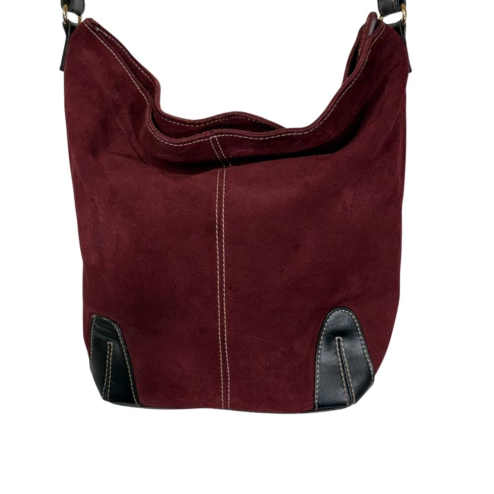 Vintage Suede Hobo Shoulder Bag Burgundy Red Slouchy Purse Retro Boho Crossbody